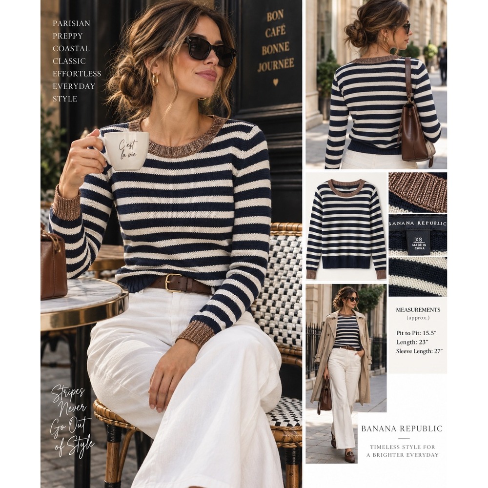 Banana Republic 2011 XS Breton Stripe Sweater Metallic Trim Parisian French Girl